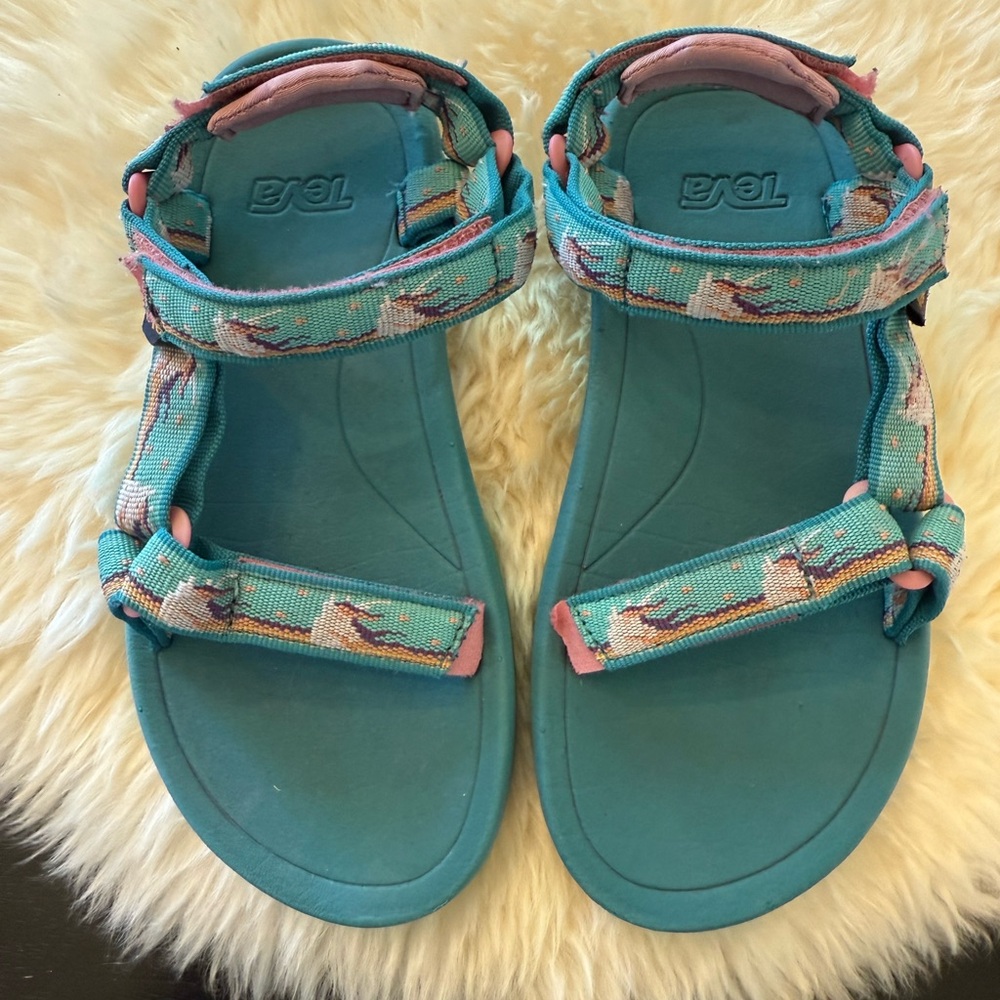 Teal Teva Sandals with Unicorn Print